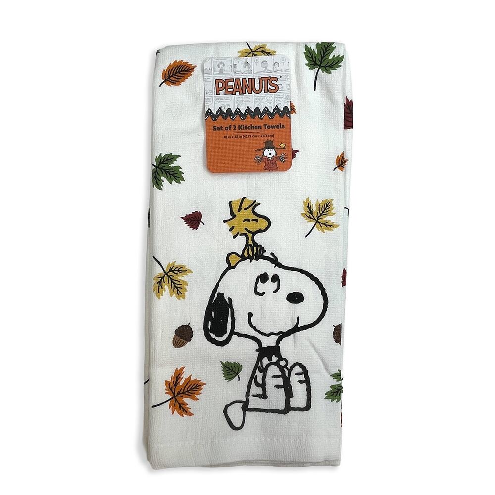 Peanuts Snoopy Woodstock Fall Leaves Kitchen Towel Set New Cotton 18 x 28 2-Pack